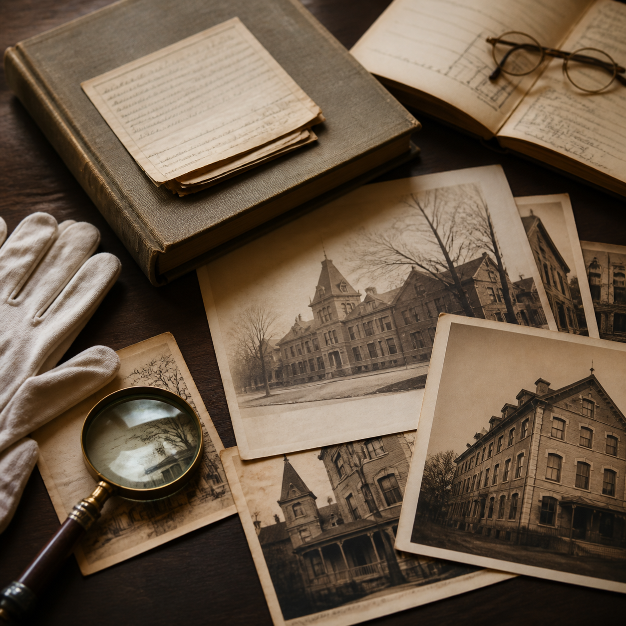 Archival photographs and research materials on a table