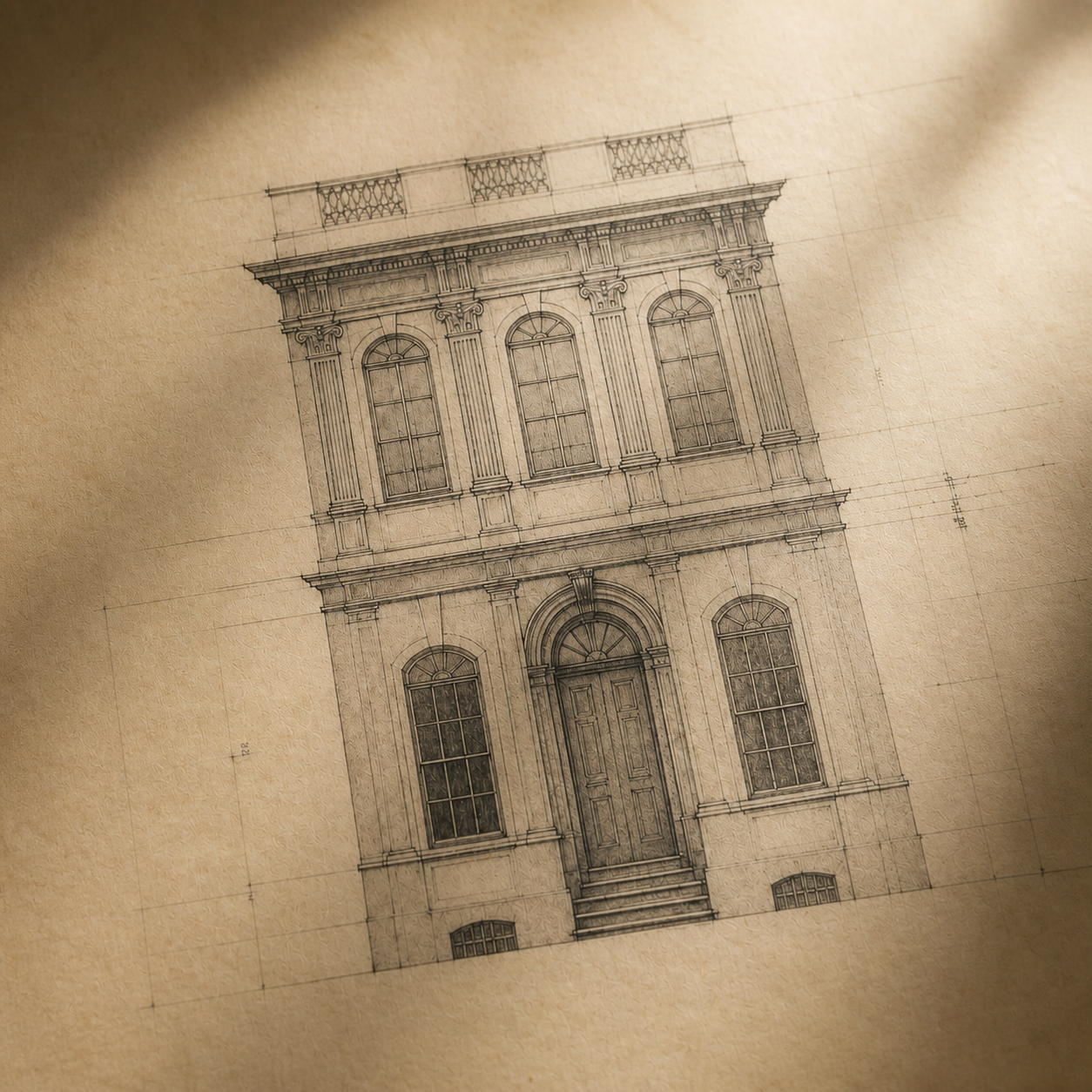 Historic building elevation drawing photographed on warm drafting paper