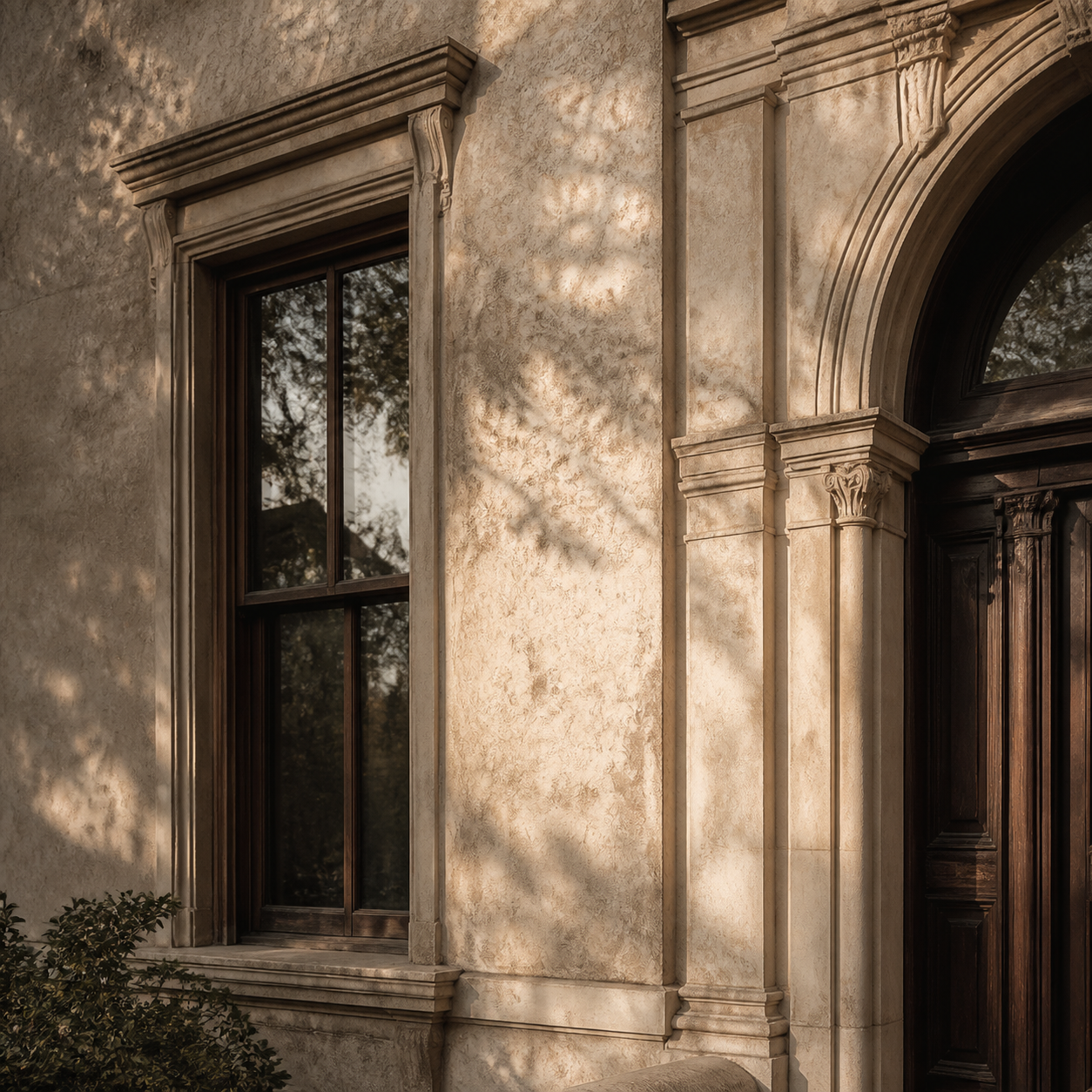 A warmly lit detail of a historic home's window and arched entry