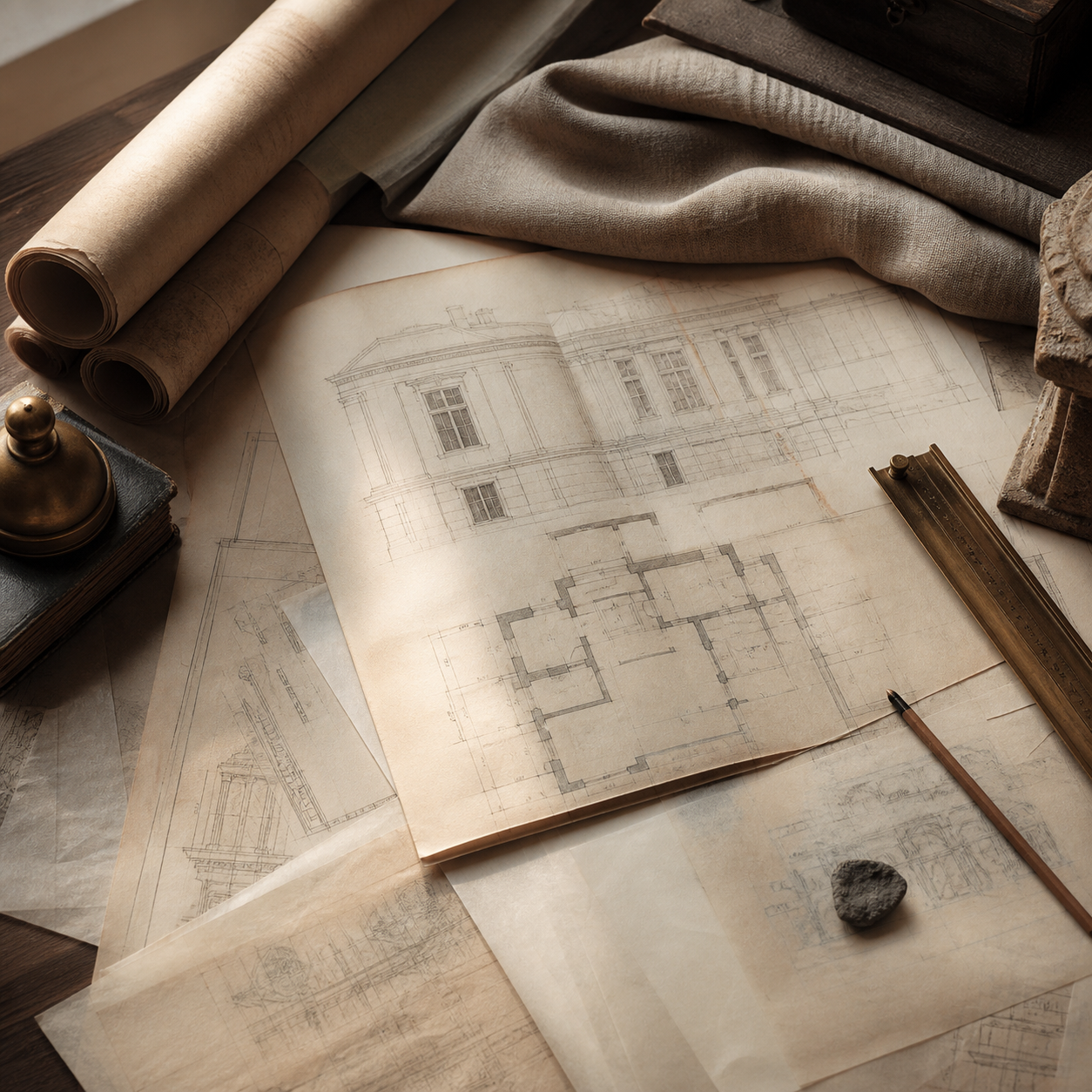 Historic building plans arranged on a design table